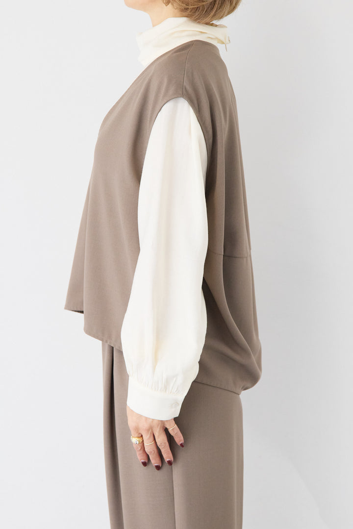 [SET]ボウタイ風ハイネック ボリュームスリーブブラウス+【2セットアップ】Vネックショートベスト × イージーワイドパンツ(2set)