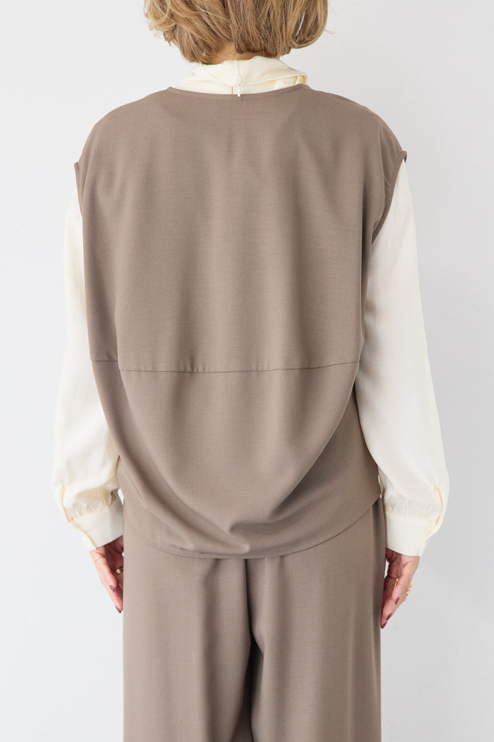 [SET]ボウタイ風ハイネック ボリュームスリーブブラウス+【2セットアップ】Vネックショートベスト × イージーワイドパンツ(2set)