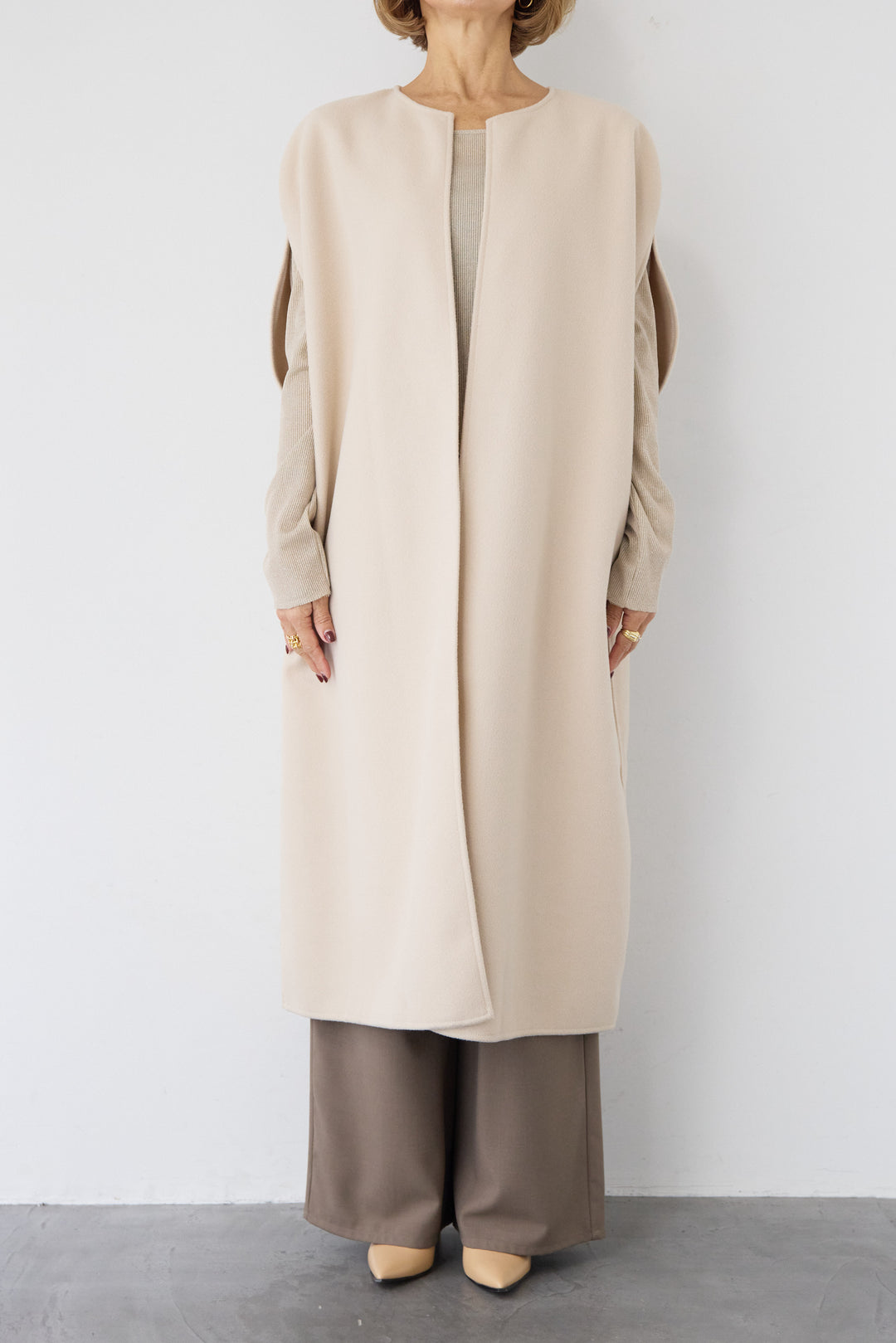 ウールライク・ノーカラー ロングジレ