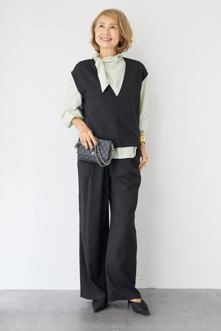 [SET]ボウタイ風ハイネック ボリュームスリーブブラウス+【2セットアップ】Vネックショートベスト × イージーワイドパンツ(2set)