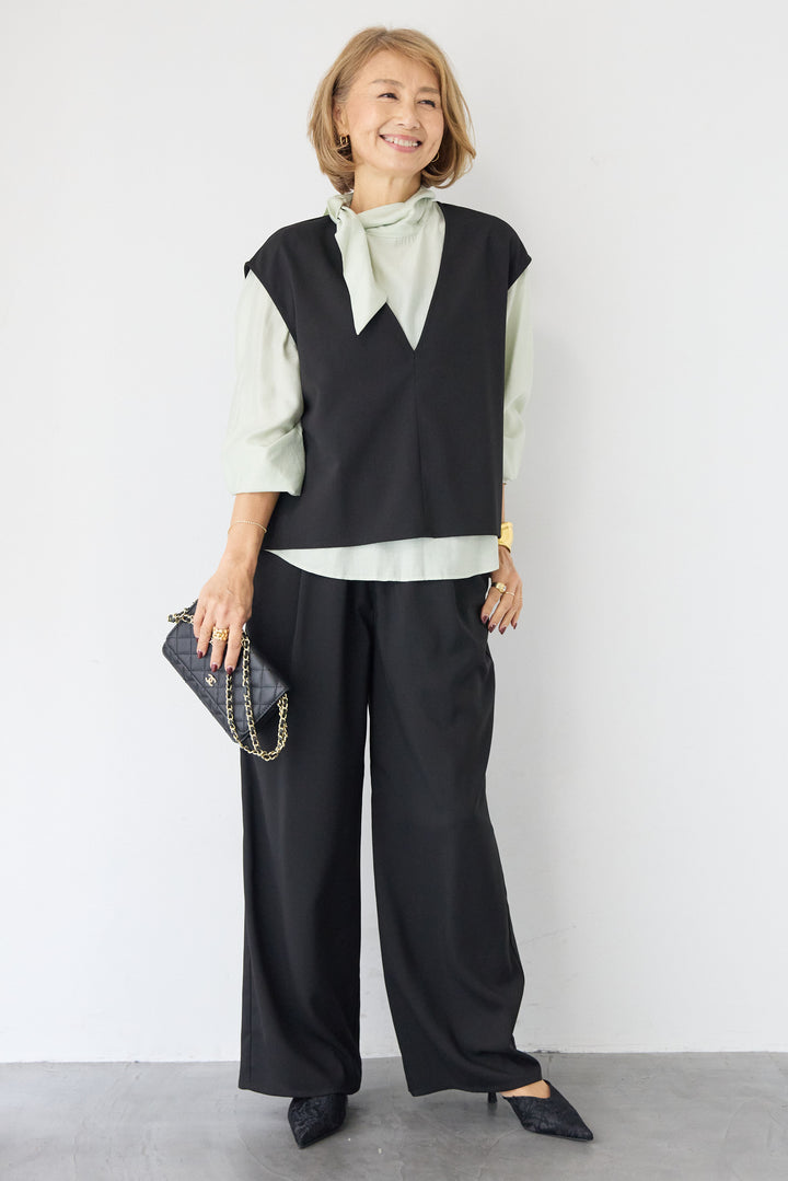 [SET]ボウタイ風ハイネック ボリュームスリーブブラウス+【2セットアップ】Vネックショートベスト × イージーワイドパンツ(2set)