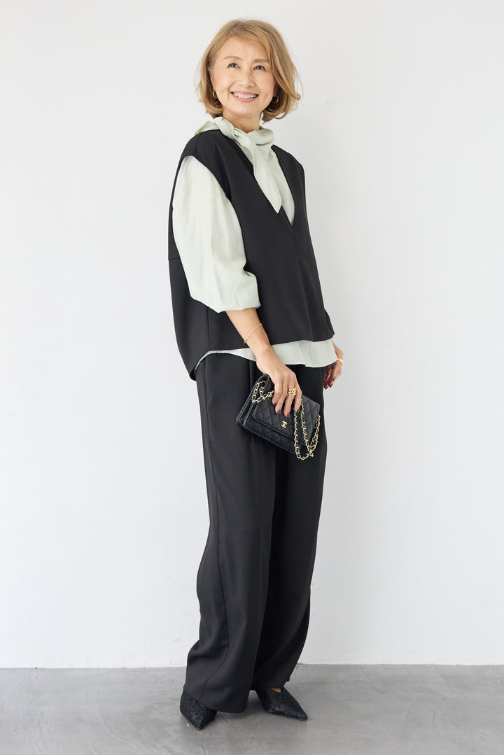 【2セットアップ】Vネックショートベスト × イージーワイドパンツ