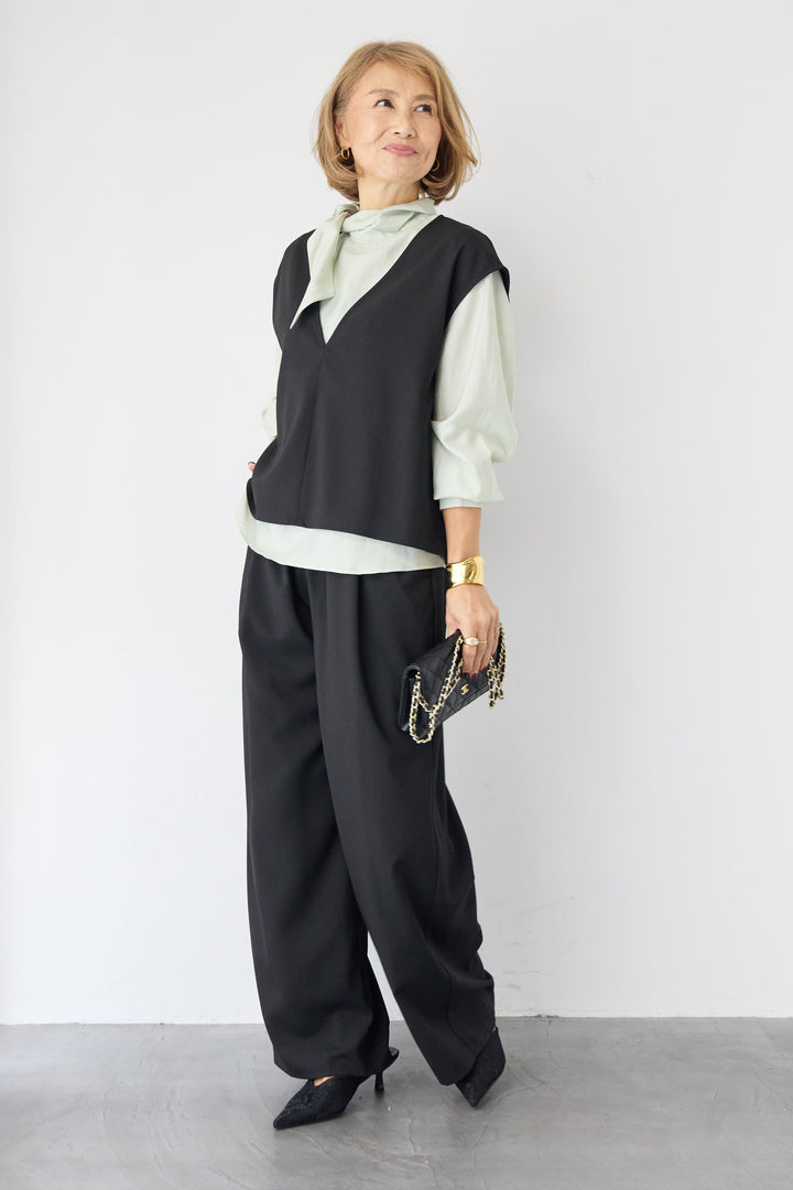 [SET]ボウタイ風ハイネック ボリュームスリーブブラウス+【2セットアップ】Vネックショートベスト × イージーワイドパンツ(2set)