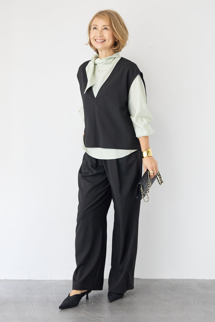 [SET]ボウタイ風ハイネック ボリュームスリーブブラウス+【2セットアップ】Vネックショートベスト × イージーワイドパンツ(2set)