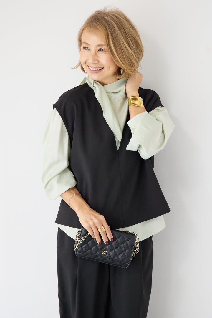 [SET]ボウタイ風ハイネック ボリュームスリーブブラウス+【2セットアップ】Vネックショートベスト × イージーワイドパンツ(2set)