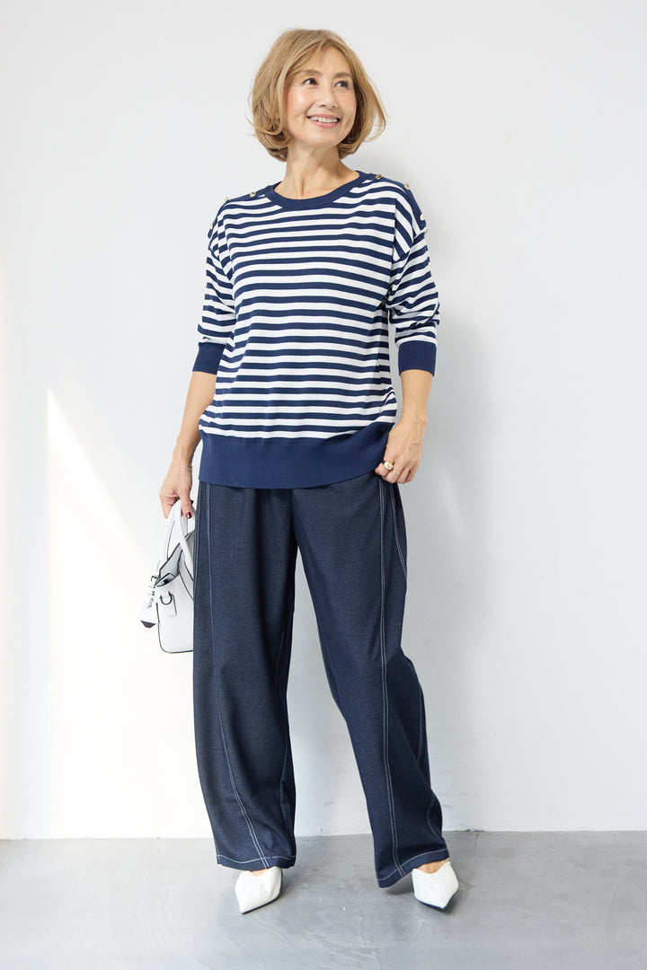 ゴールドボタン・ミラノリブ ボーダーニットプルオーバー