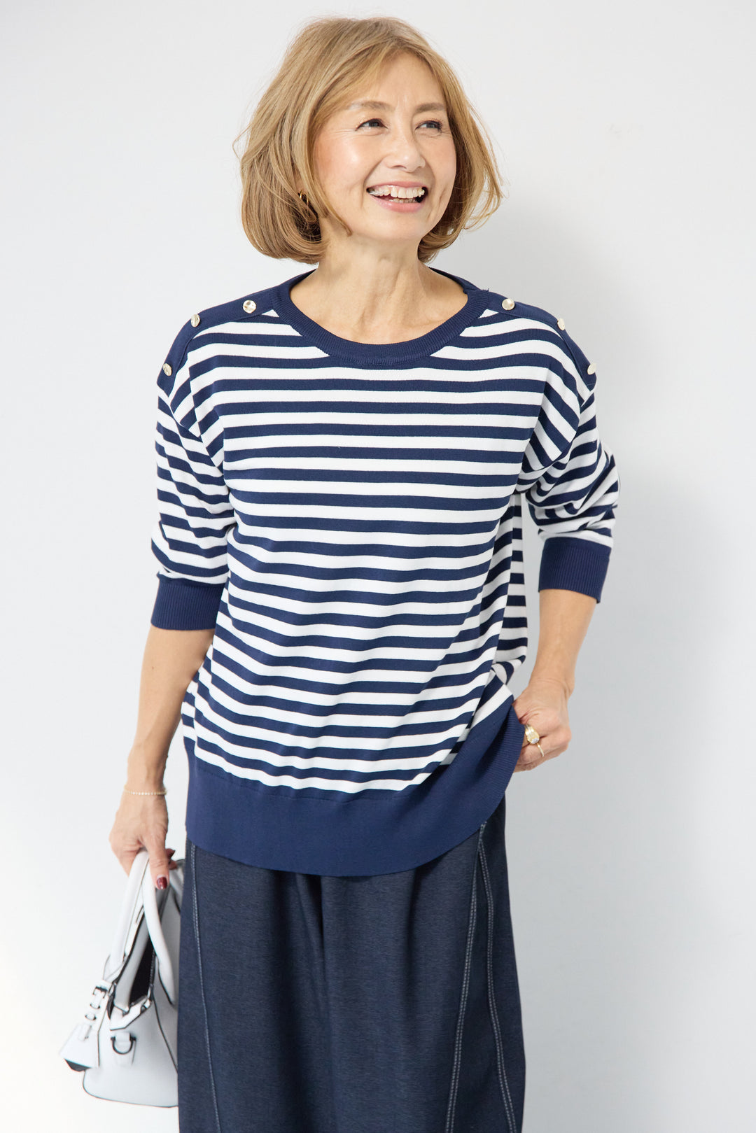 ゴールドボタン・ミラノリブ ボーダーニットプルオーバー