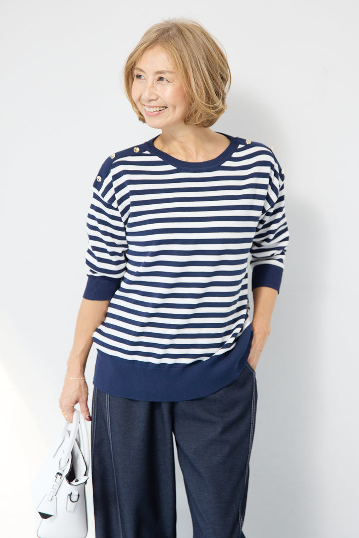 ゴールドボタン・ミラノリブ ボーダーニットプルオーバー