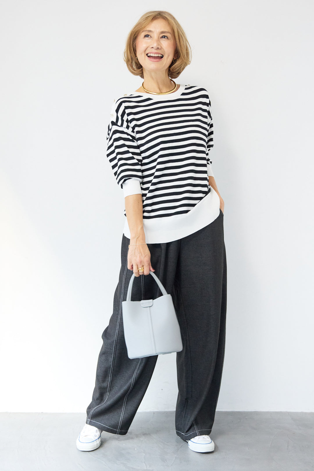 ゴールドボタン・ミラノリブ ボーダーニットプルオーバー