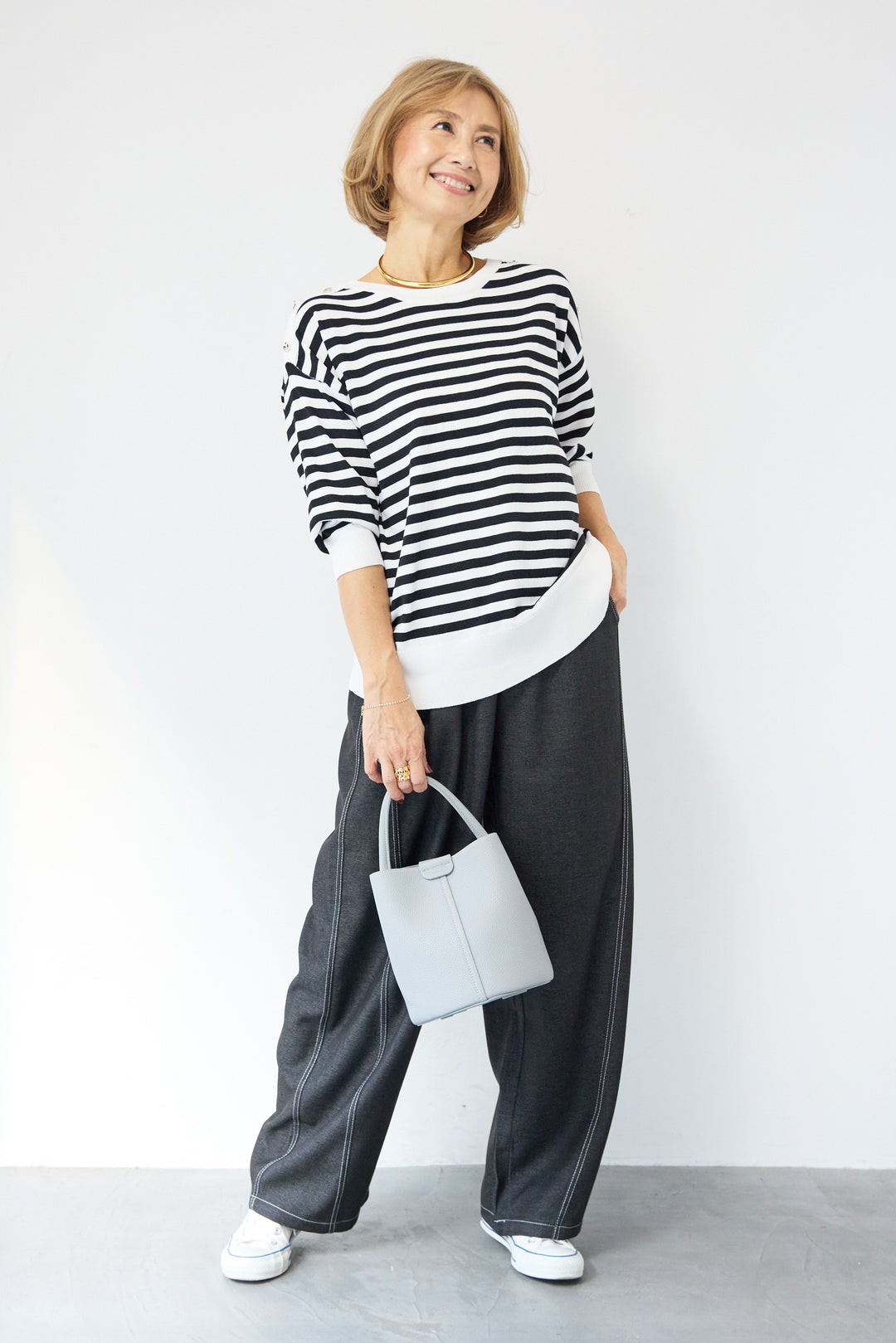 ゴールドボタン・ミラノリブ ボーダーニットプルオーバー