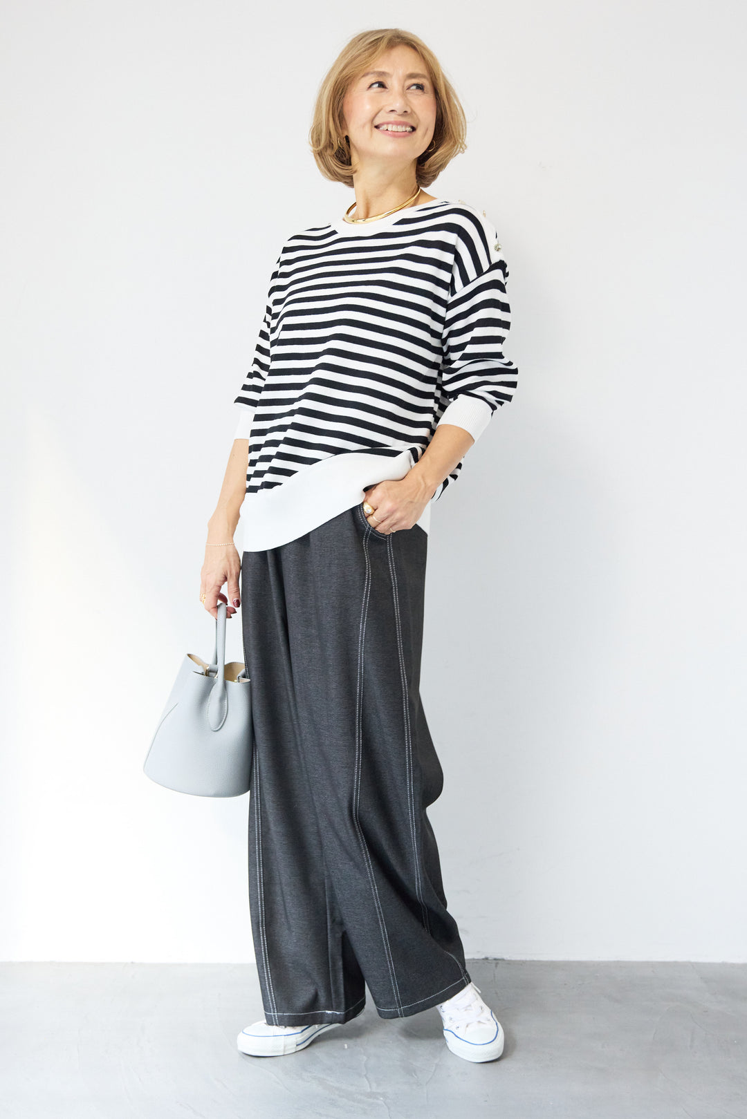 ゴールドボタン・ミラノリブ ボーダーニットプルオーバー