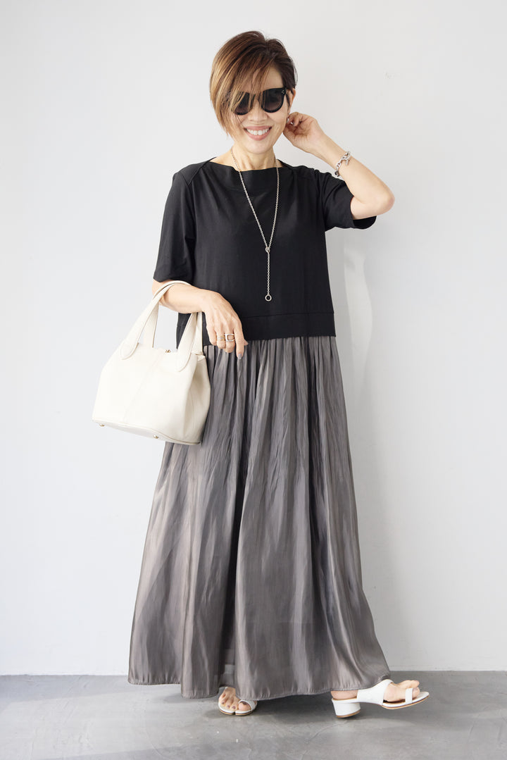 シアーギャザー切替ドッキングワンピース