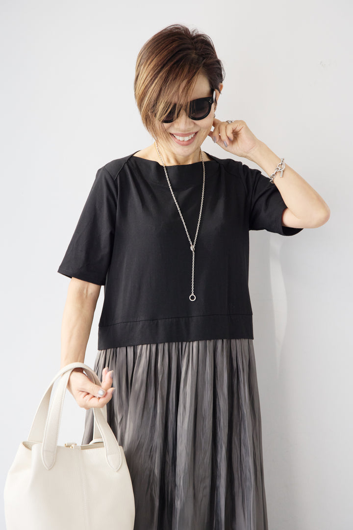 シアーギャザー切替ドッキングワンピース