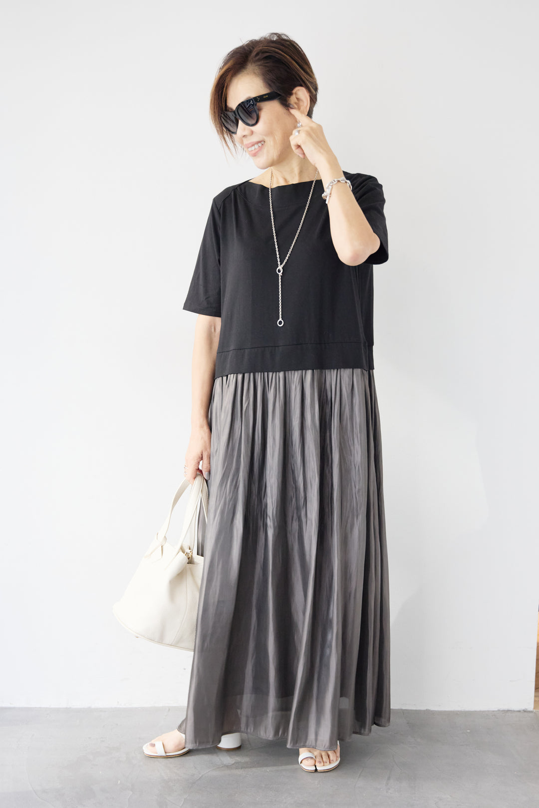 シアーギャザー切替ドッキングワンピース