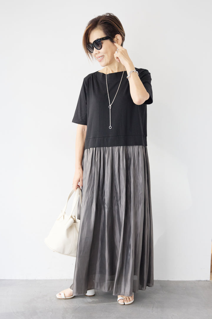 シアーギャザー切替ドッキングワンピース