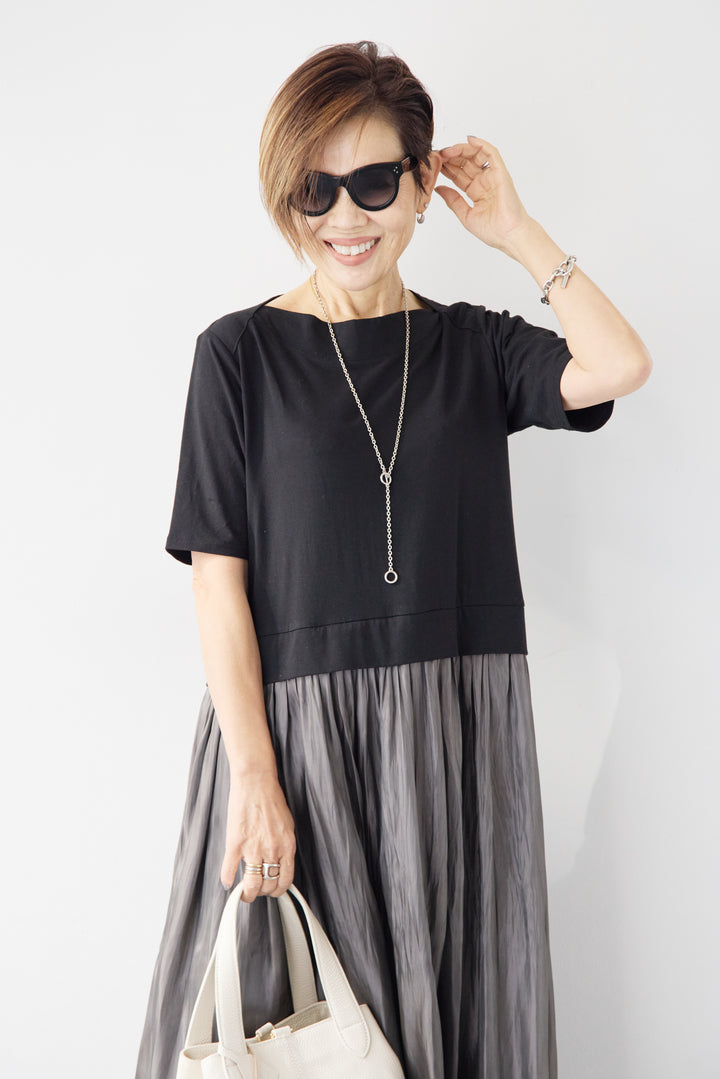 シアーギャザー切替ドッキングワンピース