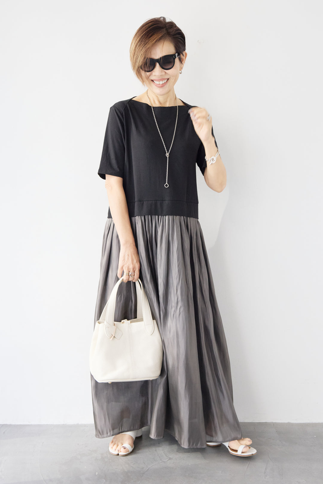 シアーギャザー切替ドッキングワンピース