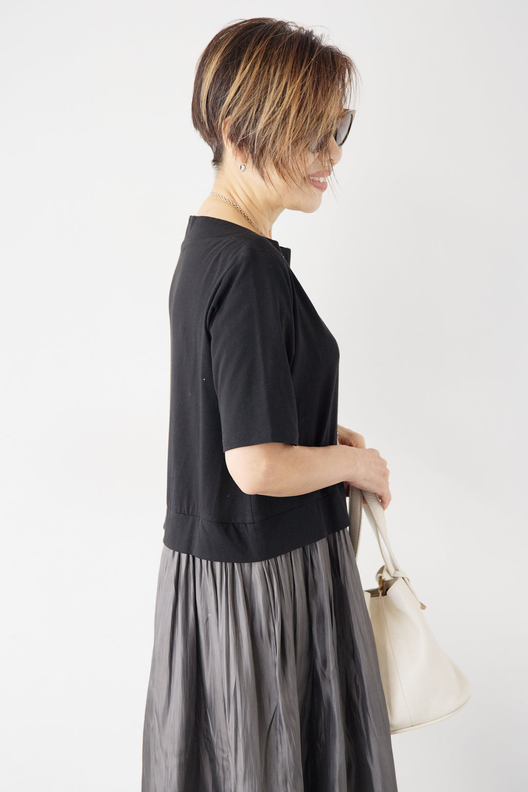 シアーギャザー切替ドッキングワンピース