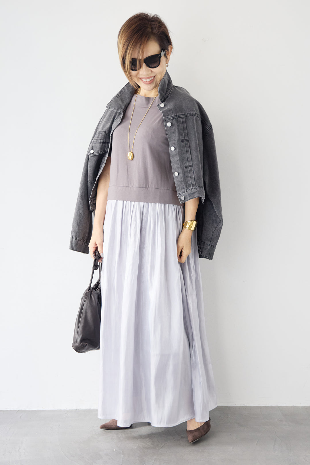 シアーギャザー切替ドッキングワンピース