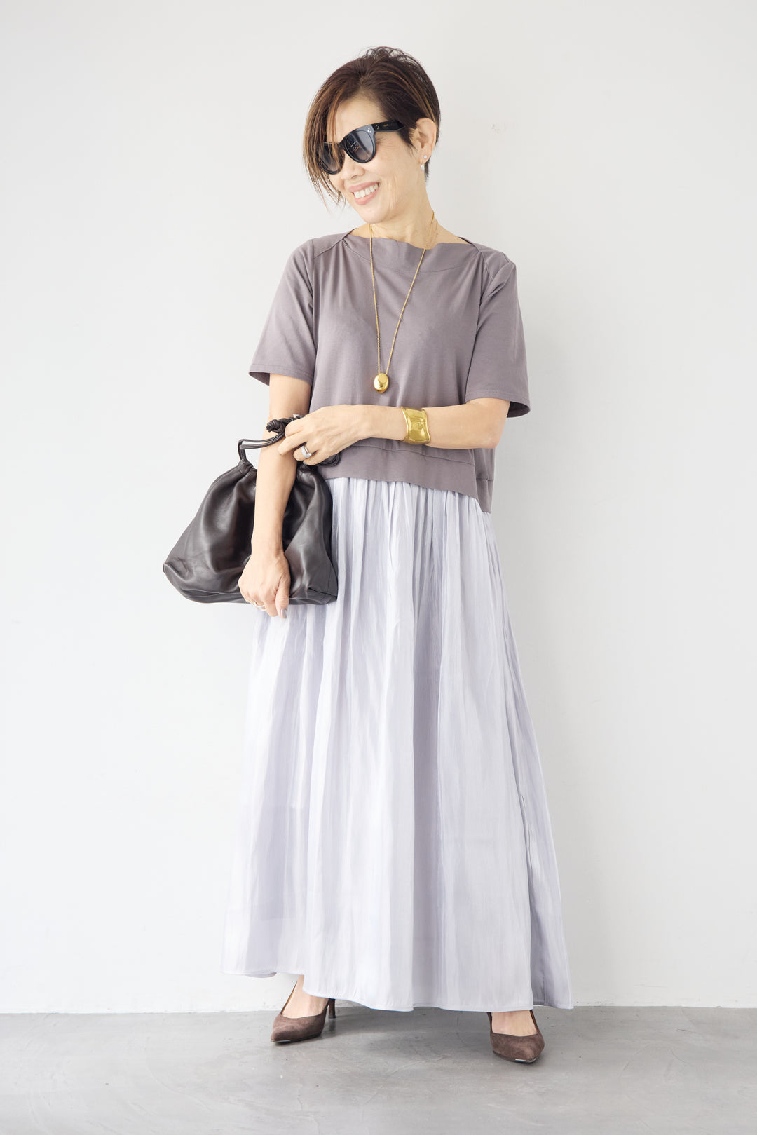 シアーギャザー切替ドッキングワンピース