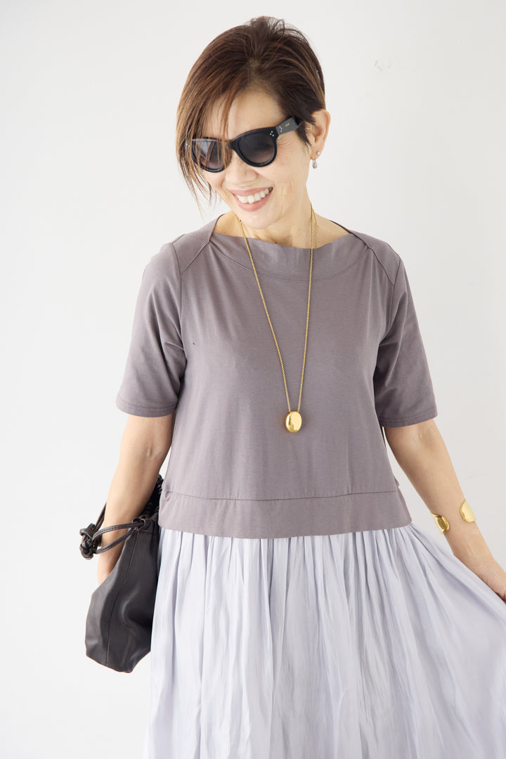 シアーギャザー切替ドッキングワンピース