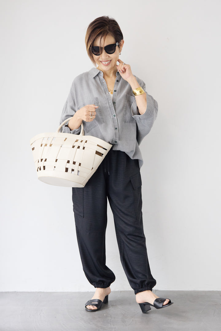 [SET]シルクライクデニムドルマンシャツ+ヴィンテージツイル カーゴパンツ(2set)