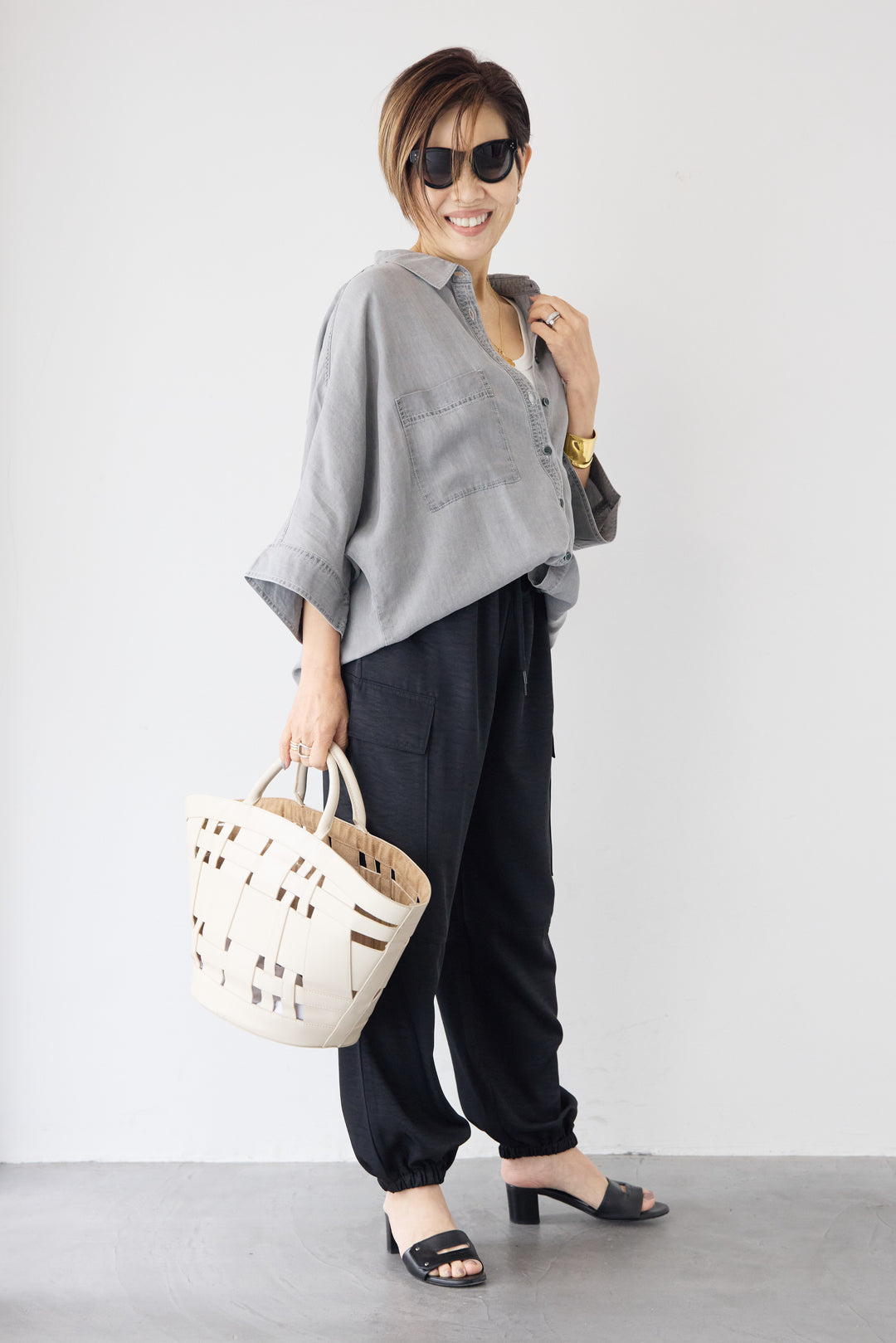 [SET]シルクライクデニムドルマンシャツ+ヴィンテージツイル カーゴパンツ(2set)