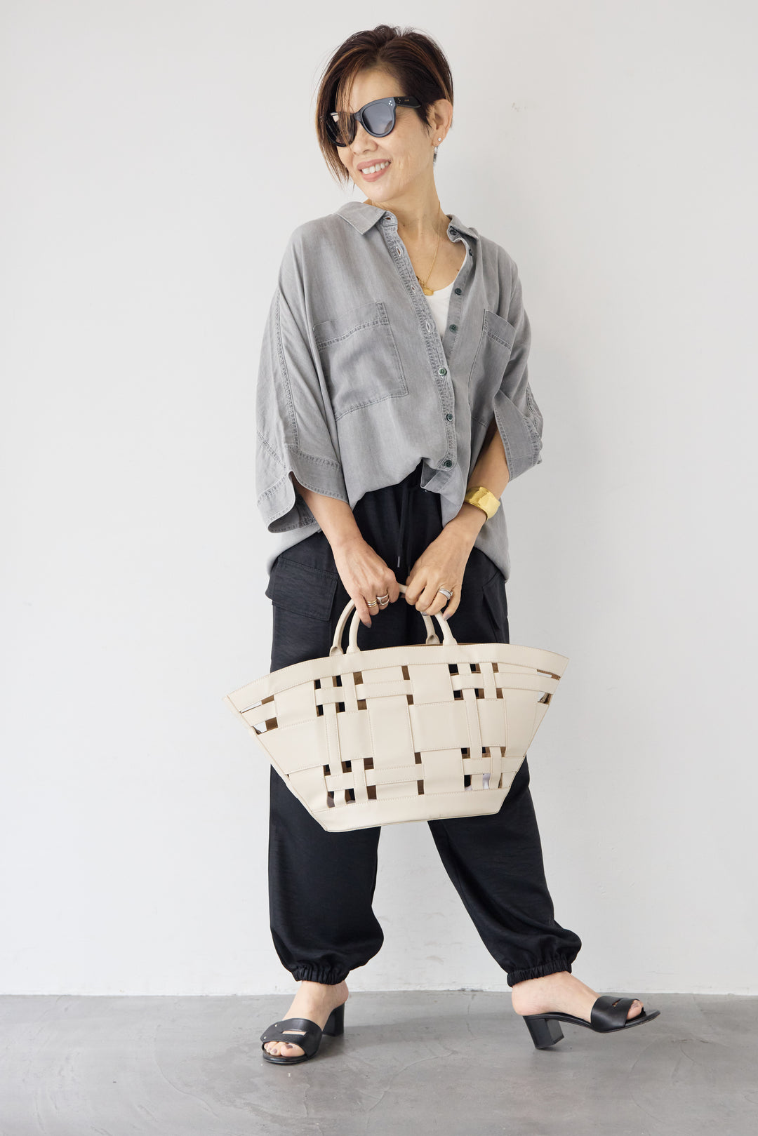 [SET]シルクライクデニムドルマンシャツ+ヴィンテージツイル カーゴパンツ(2set)