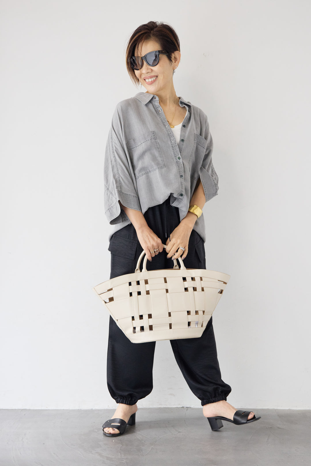 [SET]シルクライクデニムドルマンシャツ+ヴィンテージツイル カーゴパンツ(2set)