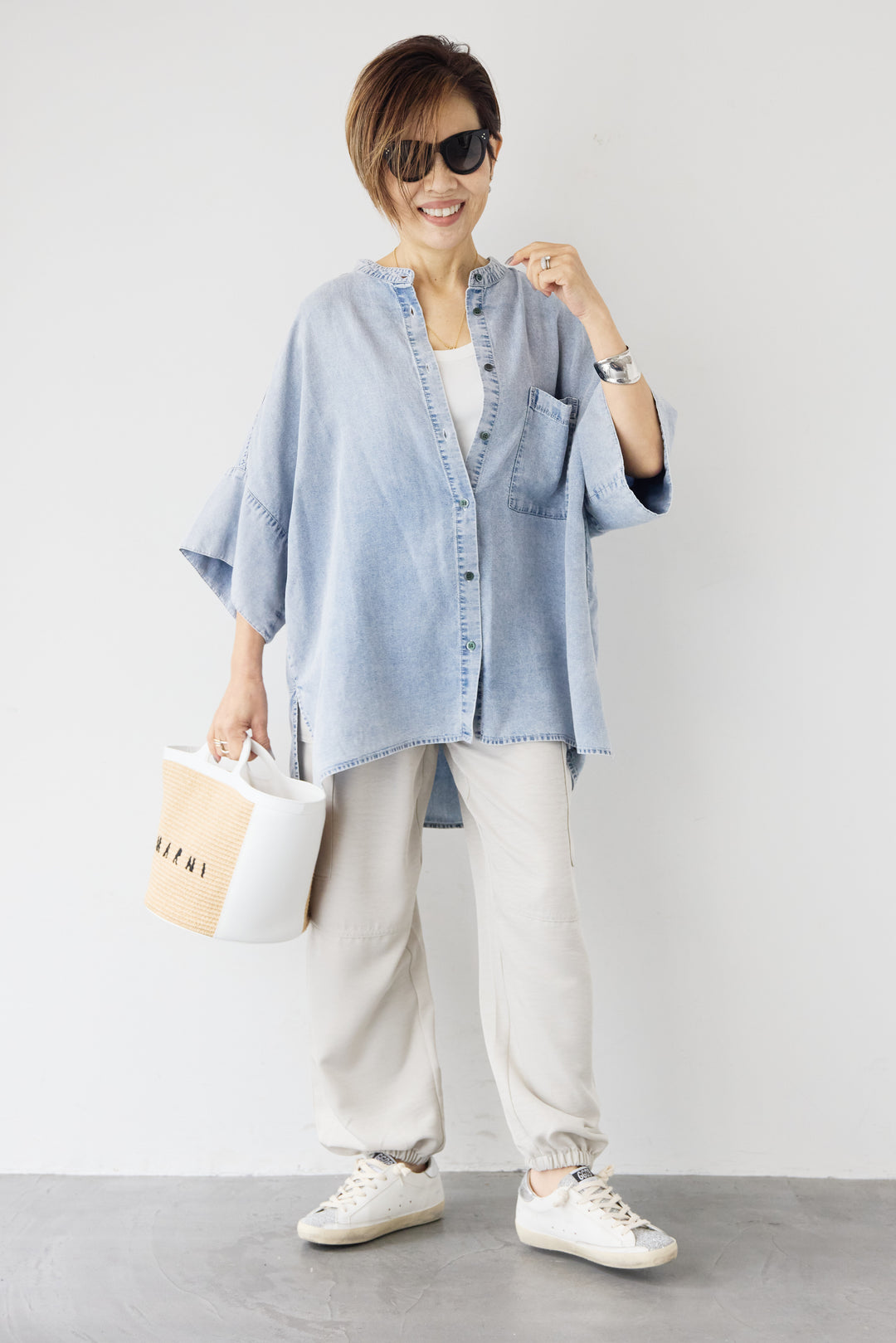 [SET]シルクライクデニムオーバーシャツ+ヴィンテージツイル カーゴパンツ(2set)