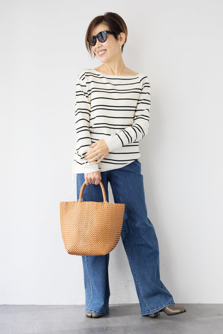 [SET]アシメギャザーボーダーニット+ウエストリブデニムパンツ(2set)