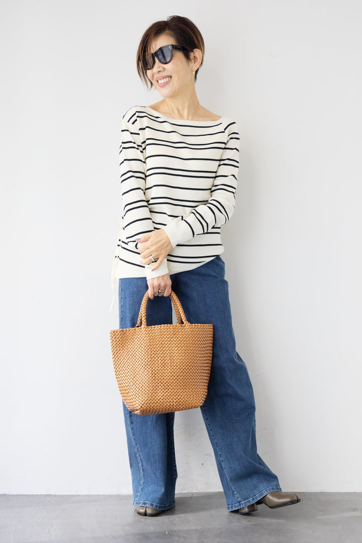 [SET]アシメギャザーボーダーニット+ウエストリブデニムパンツ(2set)