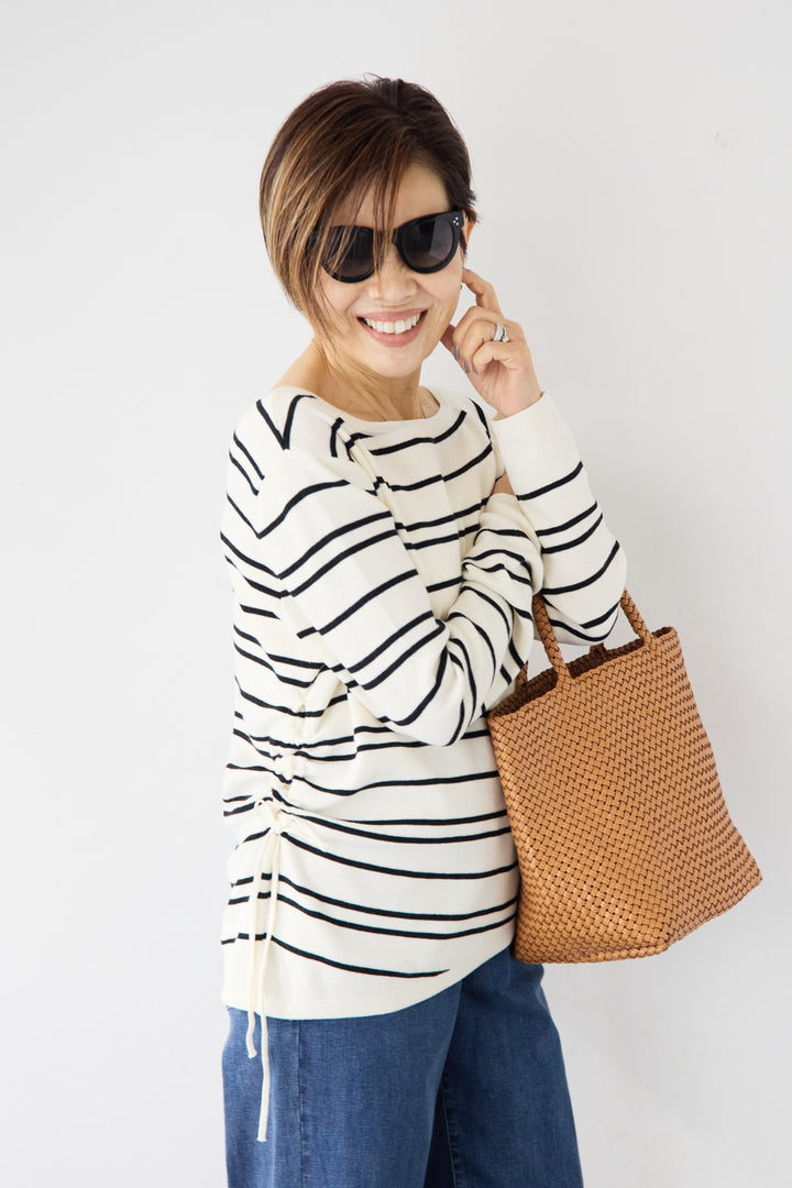 [SET]アシメギャザーボーダーニット+ウエストリブデニムパンツ(2set)