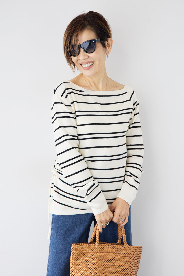 [SET]アシメギャザーボーダーニット+ウエストリブデニムパンツ(2set)