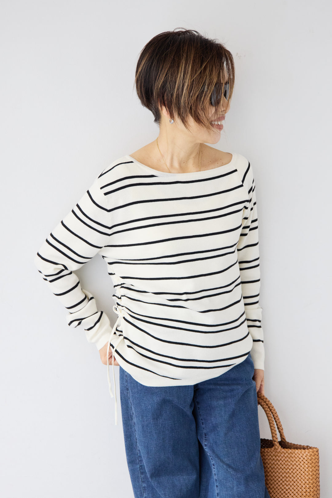 アシメギャザーボーダーニット