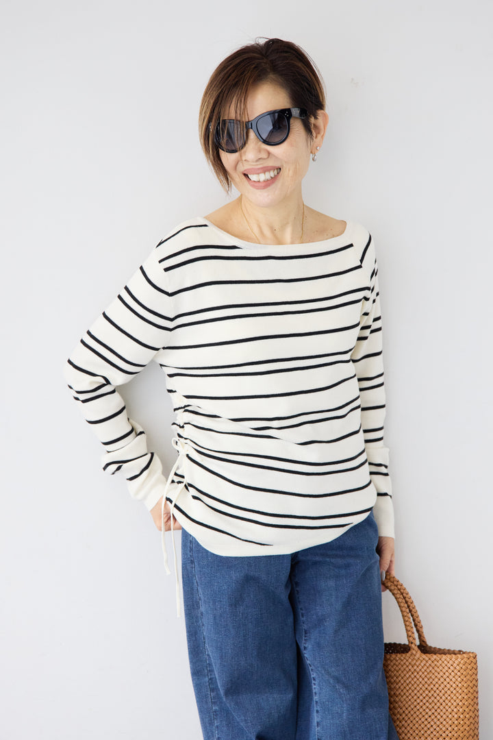 アシメギャザーボーダーニット