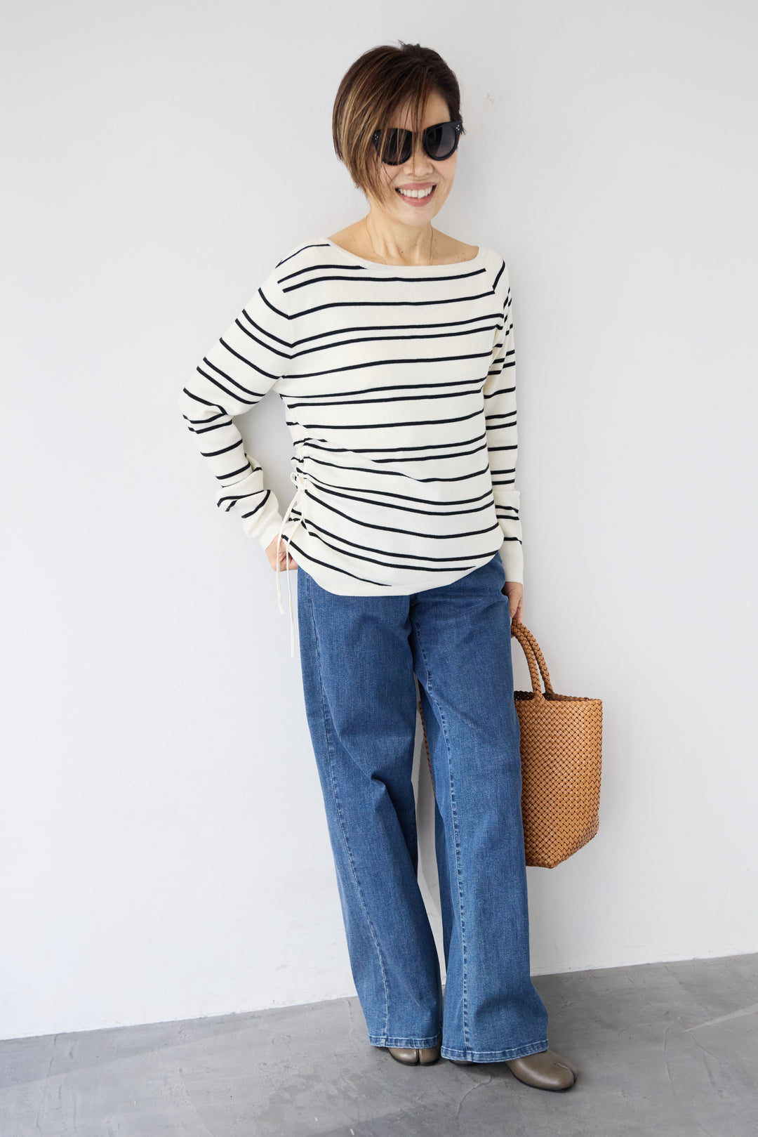 [SET]アシメギャザーボーダーニット+ウエストリブデニムパンツ(2set)