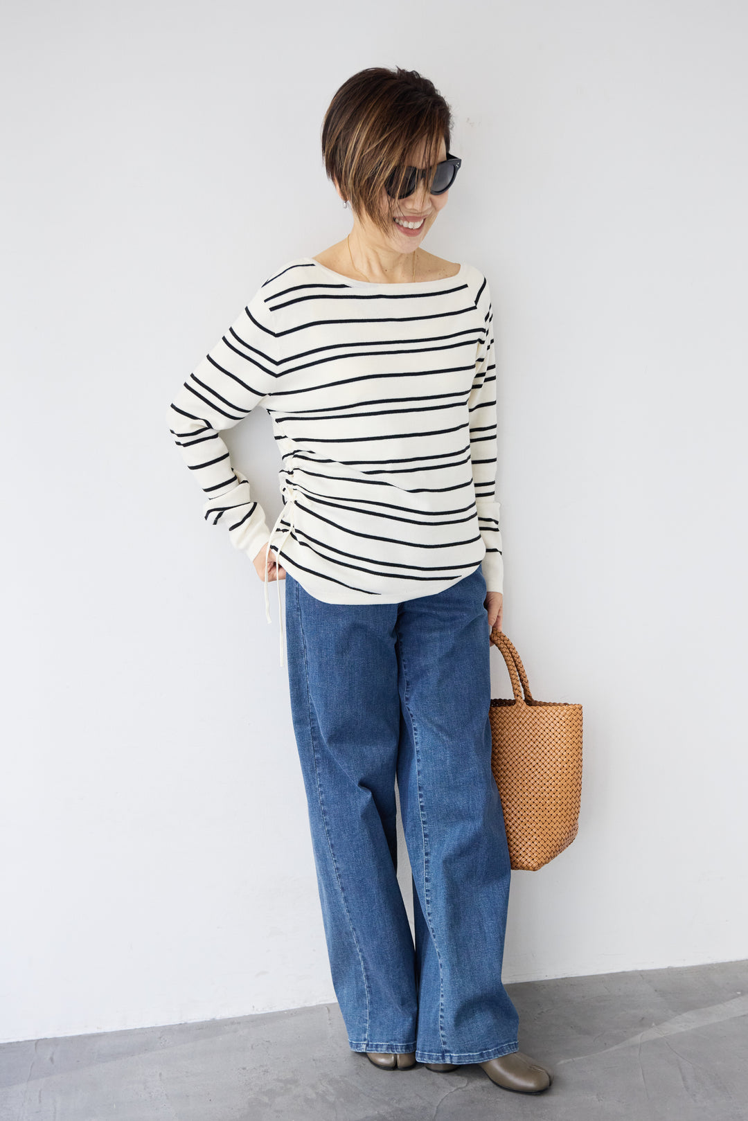 [SET]アシメギャザーボーダーニット+ウエストリブデニムパンツ(2set)