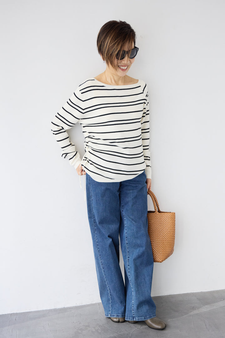 [SET]アシメギャザーボーダーニット+ウエストリブデニムパンツ(2set)