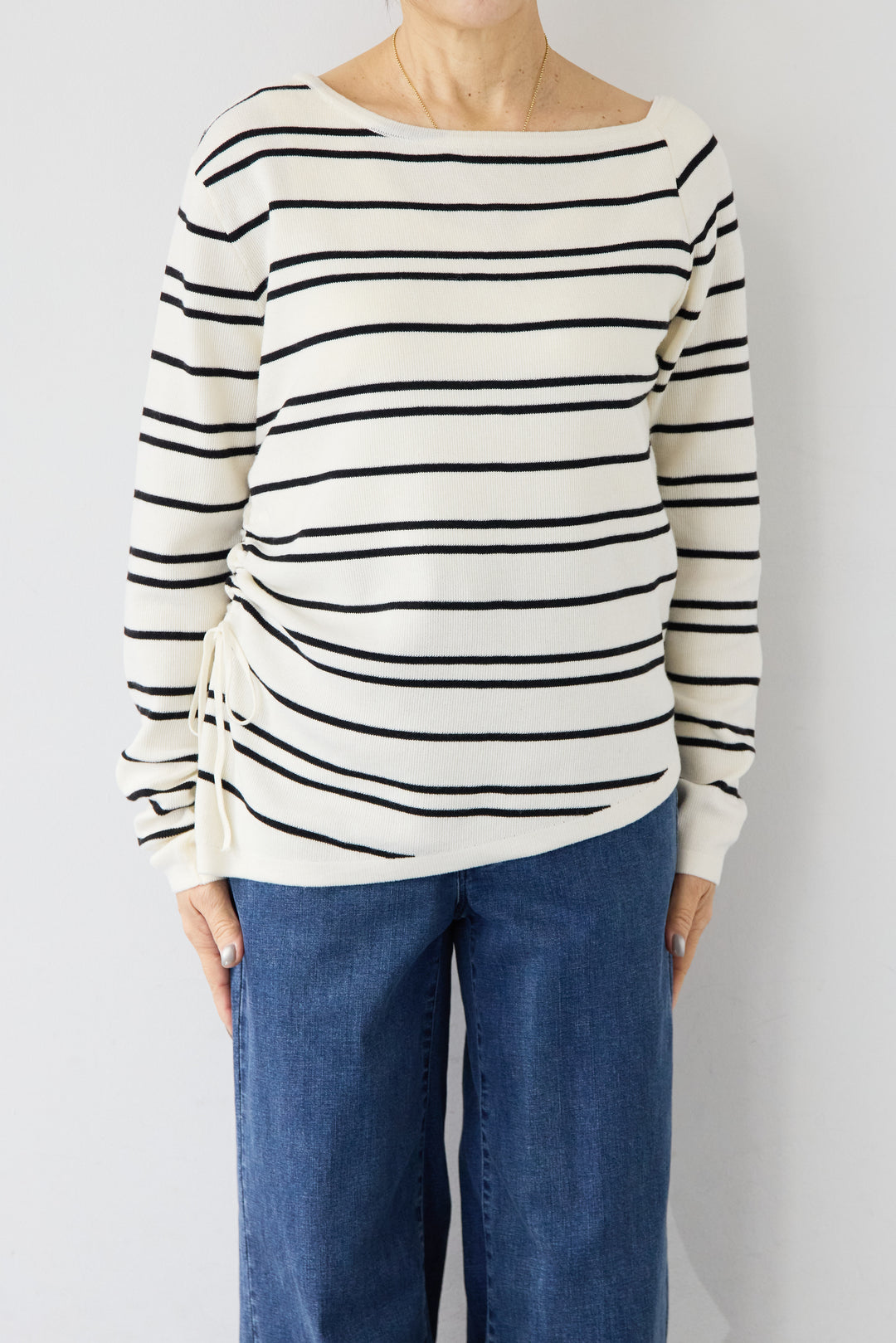 [SET]アシメギャザーボーダーニット+ウエストリブデニムパンツ(2set)