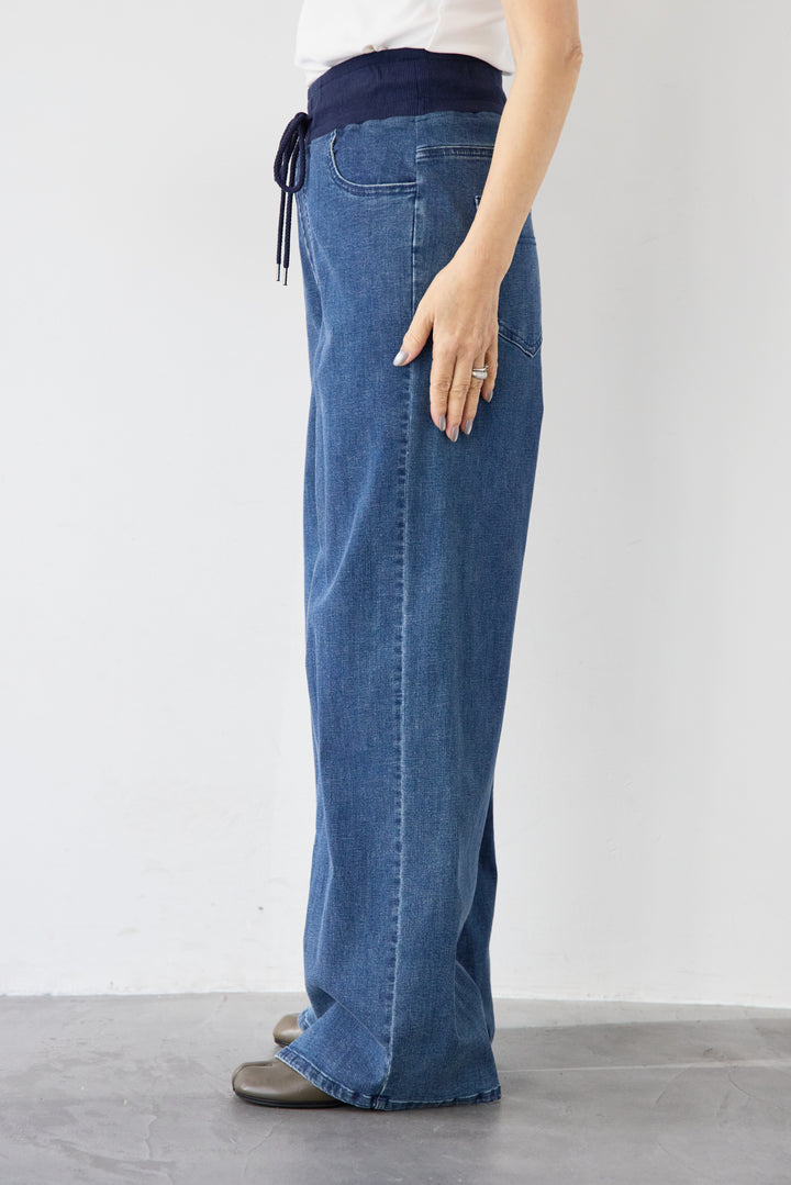 [SET]アシメギャザーボーダーニット+ウエストリブデニムパンツ(2set)