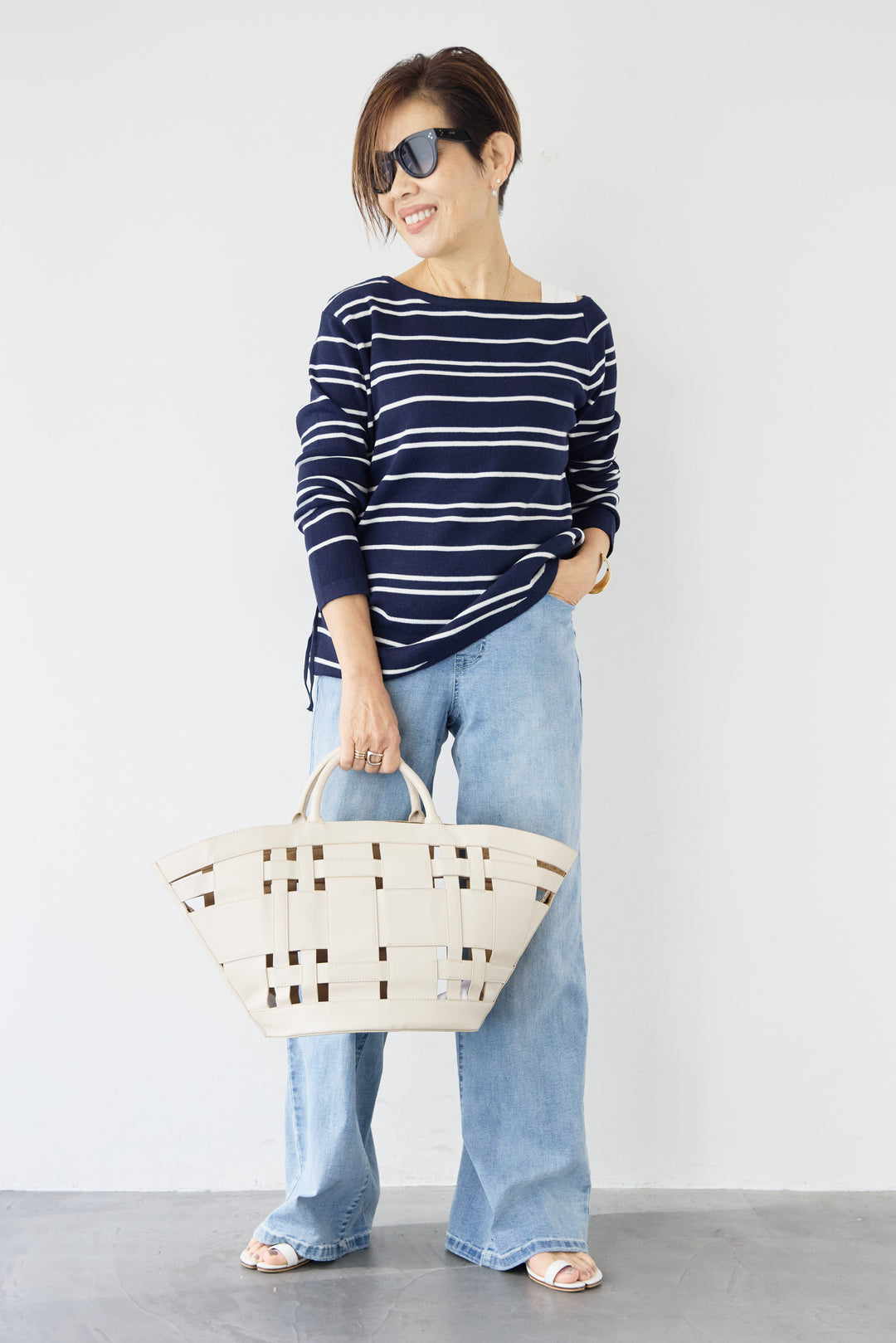 [SET]アシメギャザーボーダーニット+ウエストリブデニムパンツ(2set)