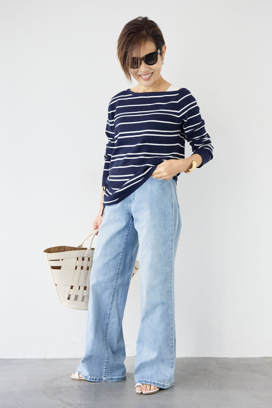 [SET]アシメギャザーボーダーニット+ウエストリブデニムパンツ(2set)