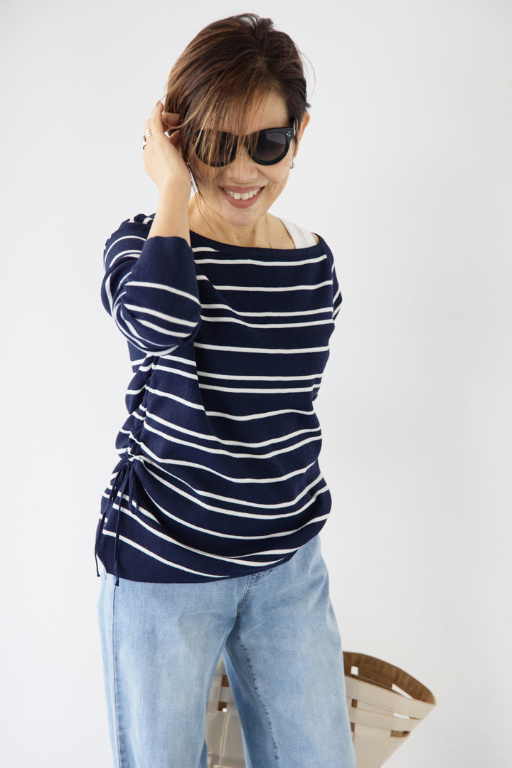 [SET]アシメギャザーボーダーニット+ウエストリブデニムパンツ(2set)