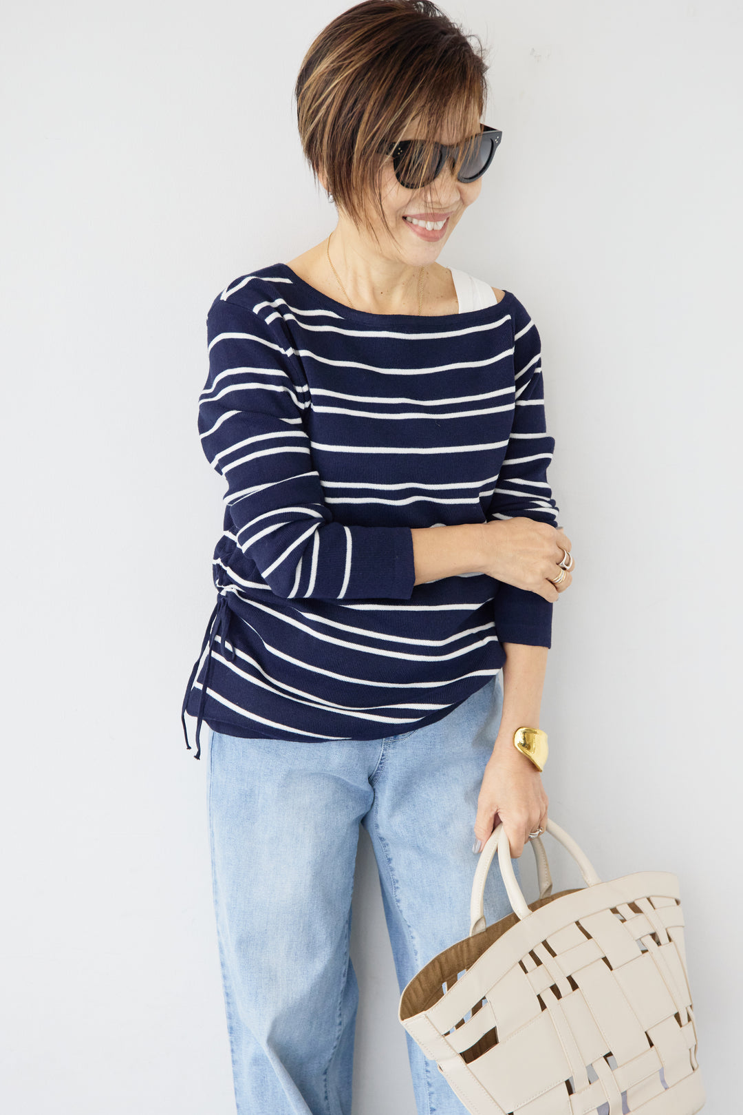 [SET]アシメギャザーボーダーニット+ウエストリブデニムパンツ(2set)