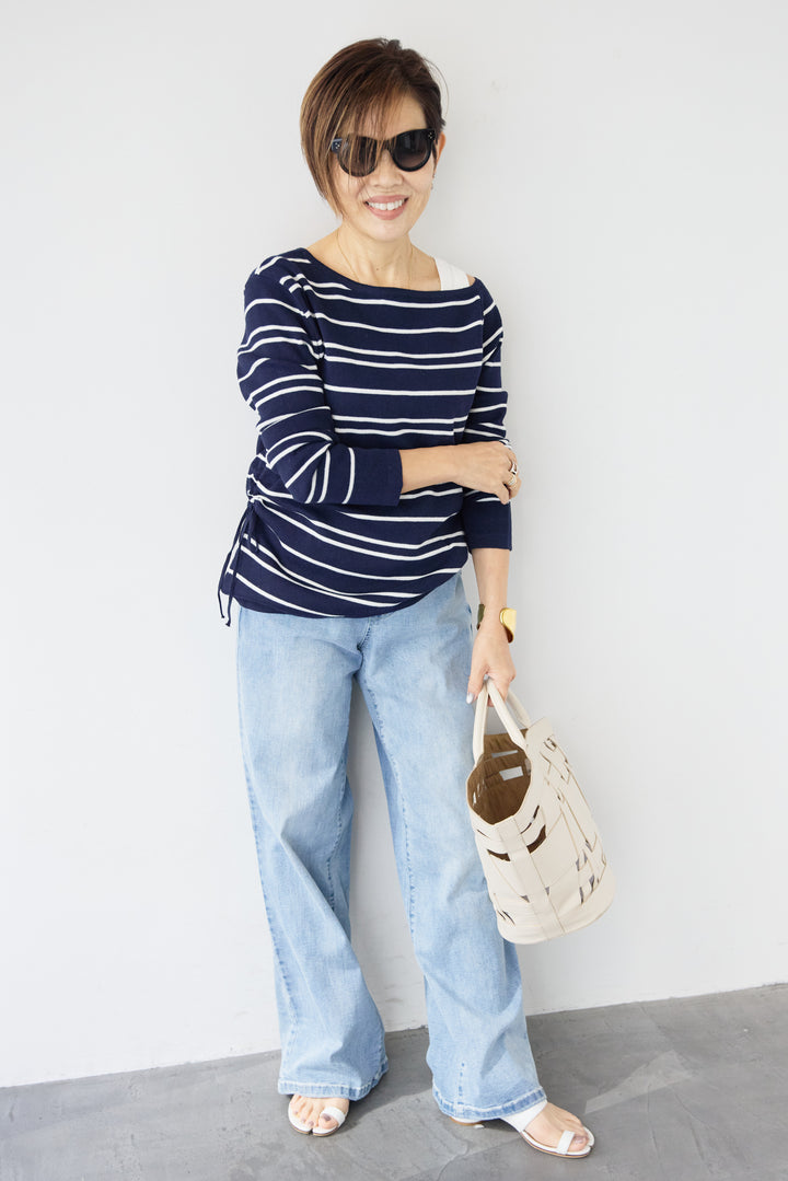 [SET]アシメギャザーボーダーニット+ウエストリブデニムパンツ(2set)