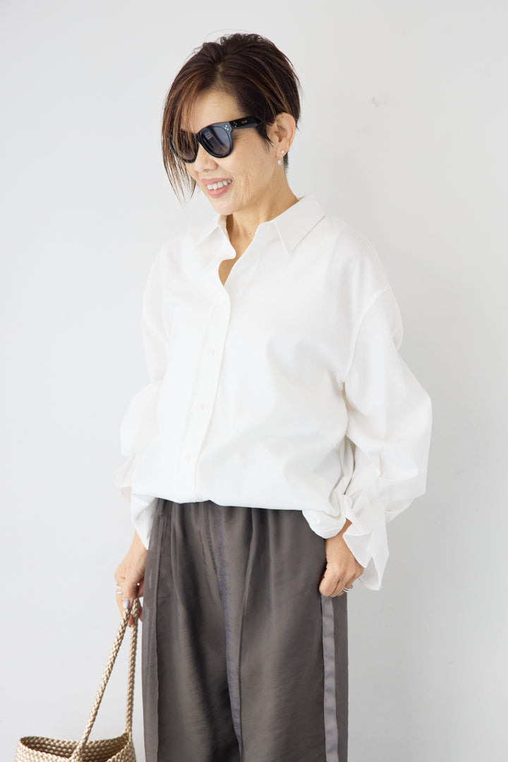 [SET]袖タック チュニックシャツ+シアーライン配色パンツ(2set)