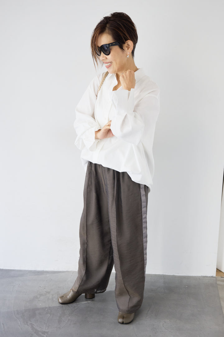 [SET]袖タック チュニックシャツ+シアーライン配色パンツ(2set)