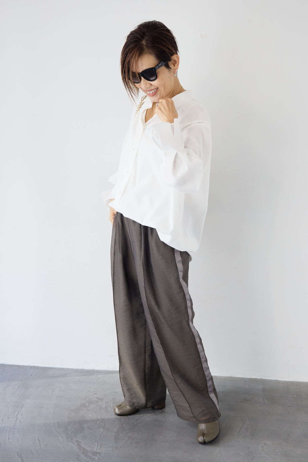 [SET]袖タック チュニックシャツ+シアーライン配色パンツ(2set)