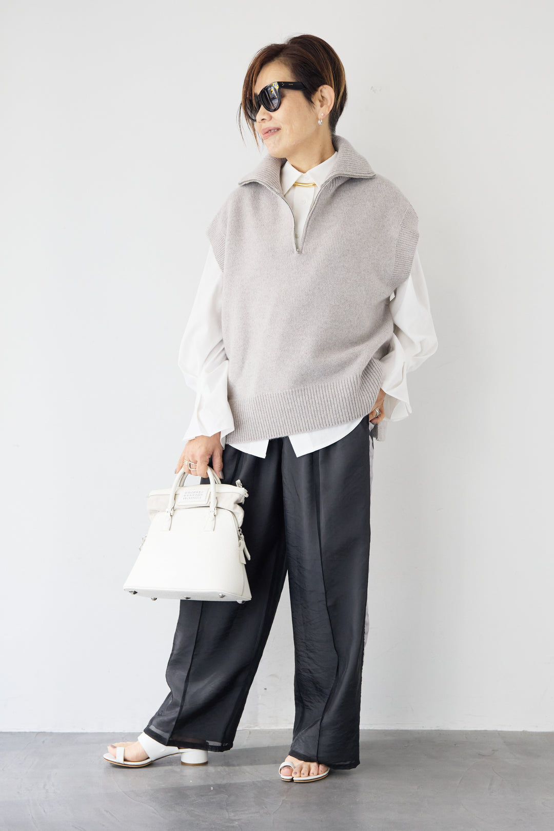 [SET]袖タック チュニックシャツ+シアーライン配色パンツ(2set)